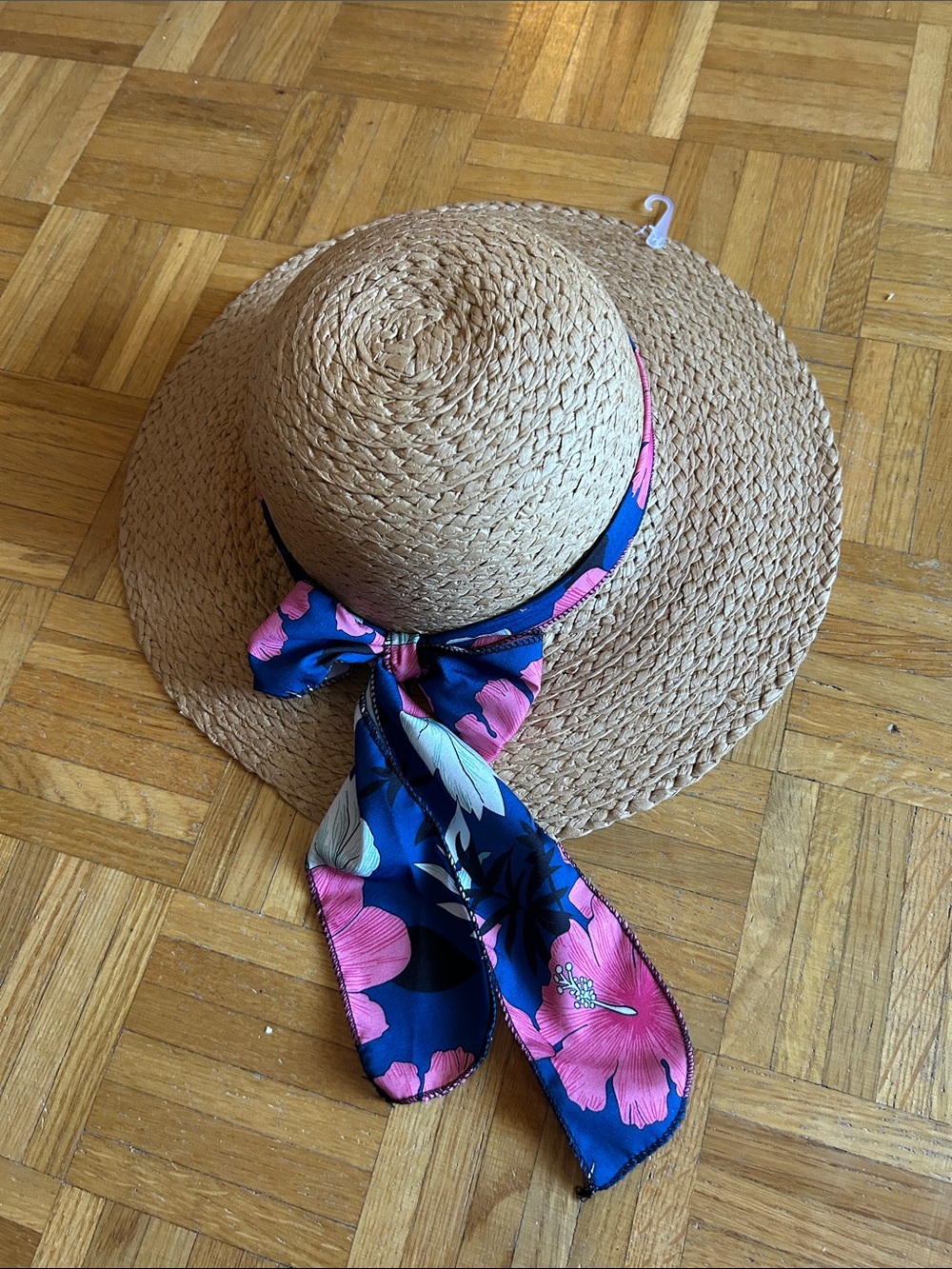Straw Sun Hat with Floral Scarf Accent - Pink & Navy